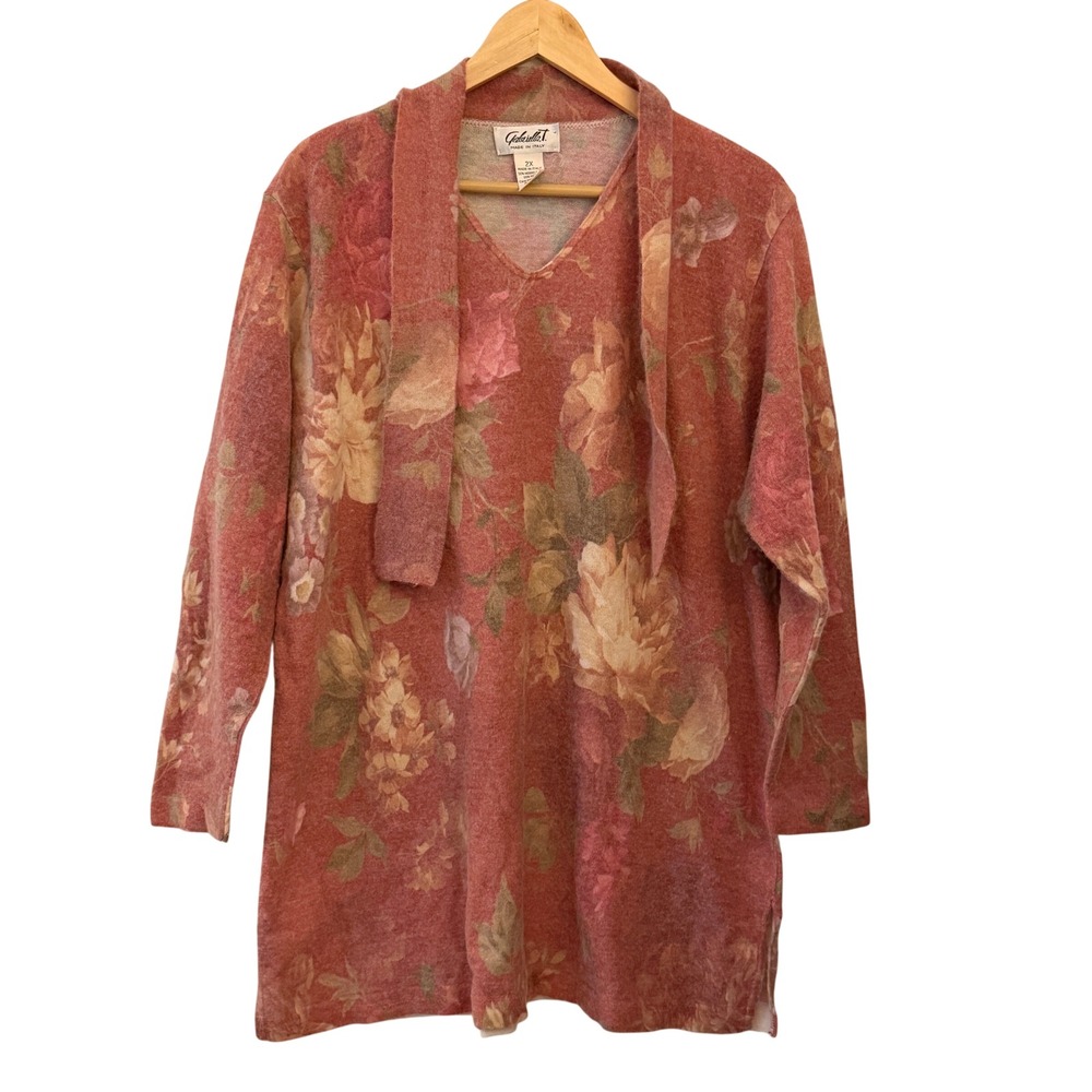 Gabriella T Sweater Womens 2X Rose Floral Merino Wool Scarf Neck Tunic Excellent